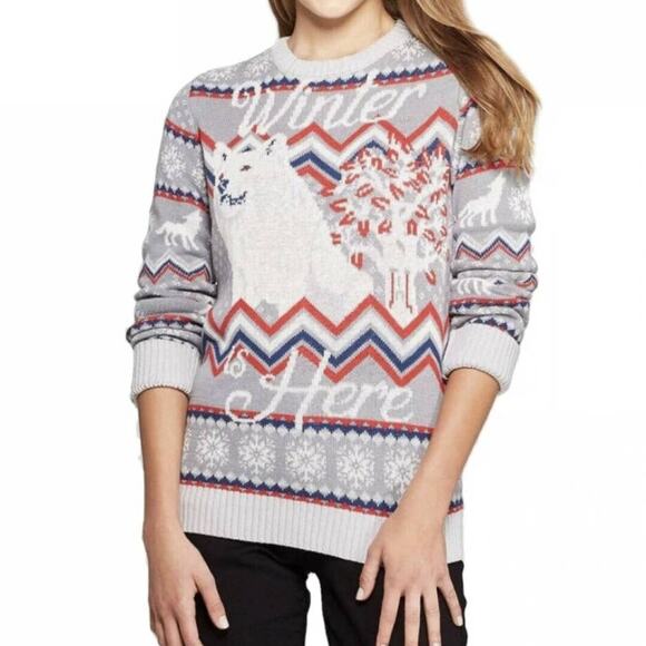 Game of Thrones NWOT Wolf Sweater Size XS Winter Is Here Gray Red Blue Novelty - Picture 1 of 7